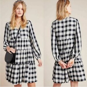 Anthropologie Maeve Amber Plaid Tiered Tunic Dress Black White Ruffled XS | K301
